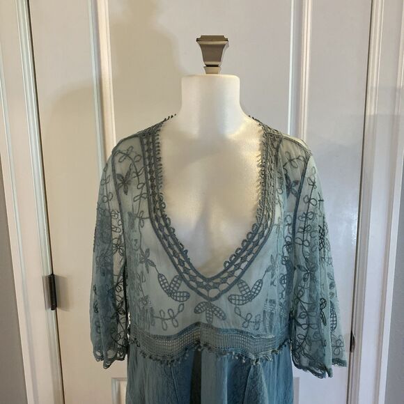 Womens Green Lace Swimsuit Coverup Embroidered V-Neck Eomenie One Size Dress Top - Picture 3 of 12